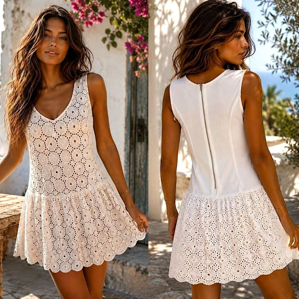 Esley S Cotton White Eyelet Lace Mini Dress Sleeveless Drop Waist Coastal Boho